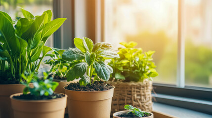 Fototapeta premium Indoor Plants Basking in Sunlight on Windowsill: A Home Gardening Scene