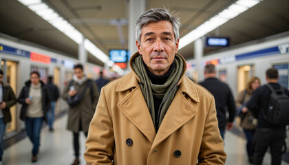 Naklejka premium Expressive middle-aged man in oversized trench coat at train station, urban life