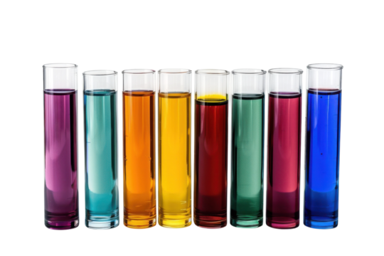 Colorful test tubes filled with vibrant liquids create a captivating display of hues showcasing scientific exploration and creativity isolated on transparent background