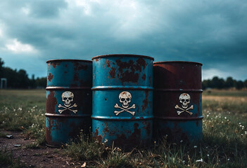 Obraz premium Toxic waste in old rusty barrels with a danger symbol in nature