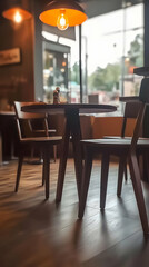 Empty Cafe Table and Chairs Stand Beneath Warm Hanging Lights in Cozy Interior Setting