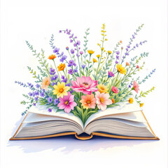 Illustration of blooming spring flowers intertwined with open books on a crisp white background, evoking a sense of learning and natural beauty
