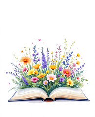 Illustration of blooming spring flowers intertwined with open books on a crisp white background, evoking a sense of learning and natural beauty