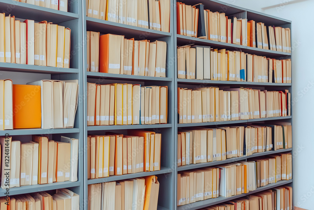 Poster bookshelf filled with various books neatly arranged, creating a library atmosphere.