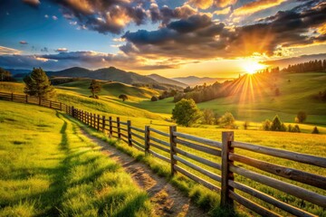 Fototapeta premium Rustic ranch fence lines a vast western field, showcasing pastoral countryside charm.