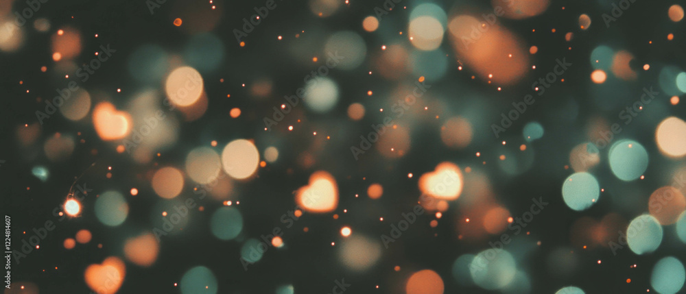 Poster light bokeh texture with heart shapes creates a romantic mood against a black background