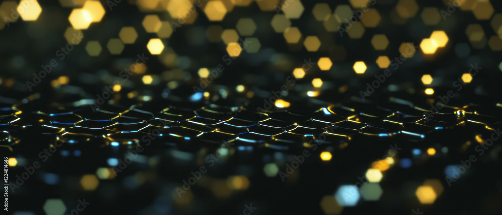 Poster Hexagonal bokeh texture with light patterns and structured designs on a dark background