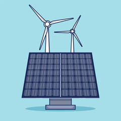 Hybrid renewable energy system featuring solar panels and wind turbines for green energy generation.