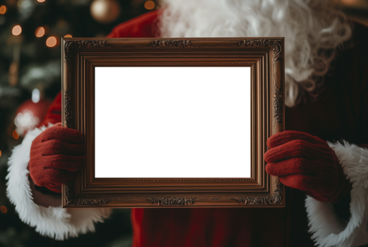 Santa Claus holding white frame in his hands . Christmas, holiday, festive themes, background with copy space. blank framed board ready for your message or artwork