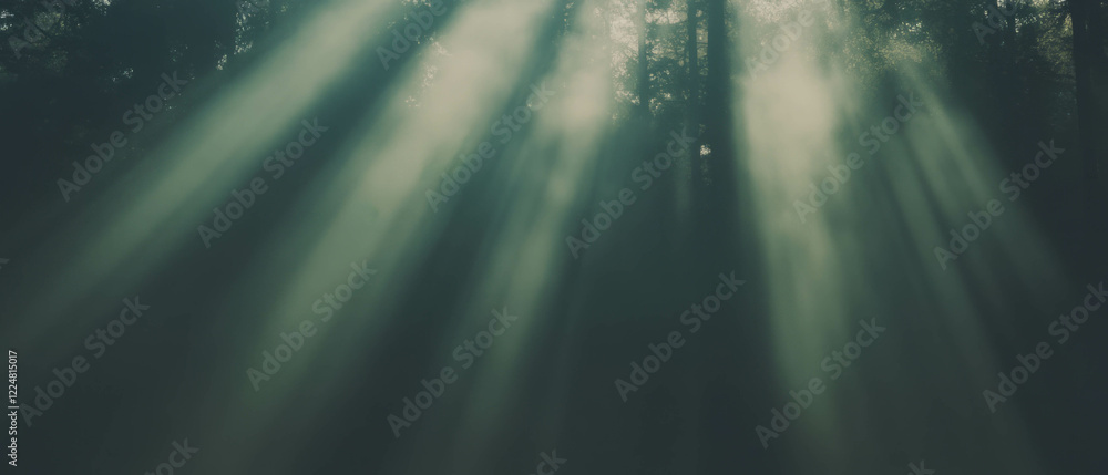 Poster Light filters through fog creating a hazy atmosphere with diffuse rays against a dark background