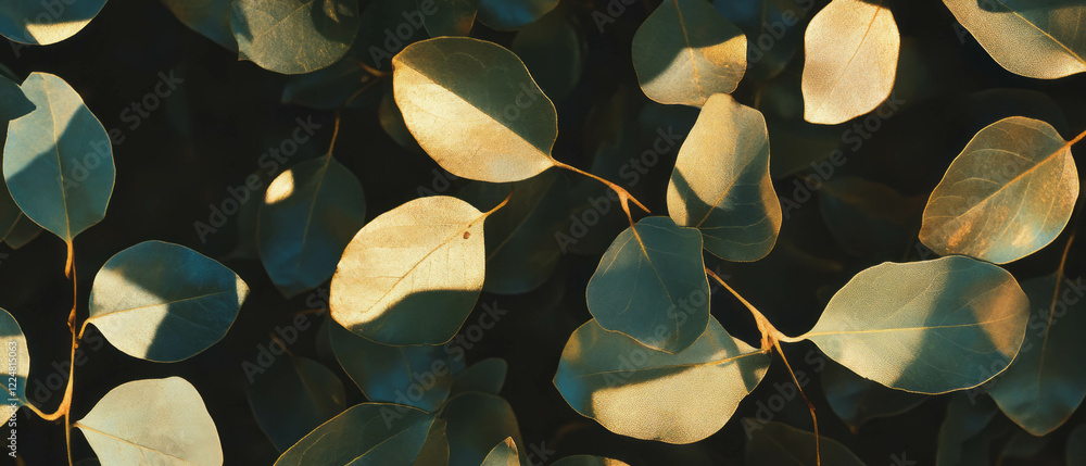 Poster Light filters through leaves creating a natural dappled pattern against a dark background