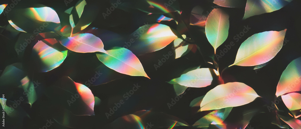 Poster Light filtering through leaves creates a vibrant dappled texture against a black background