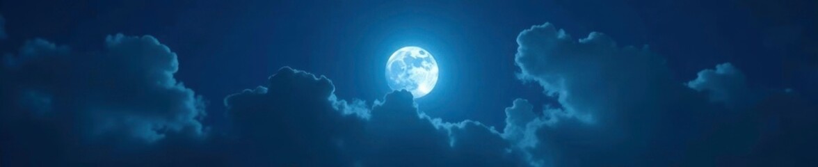 The full moon shines bright in the midst of a cloudy night sky, midnight landscape, cloudy night sky