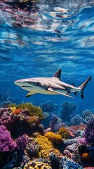 Fototapeta premium Blacktip reef shark swimming over colorful coral reef