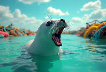 Fototapeta premium A fur seal in water with lots of garbage. The concept of pollution of the surrounding world