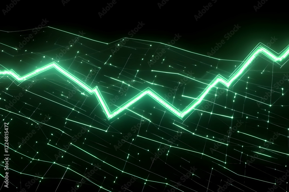 Poster glowing green line graph rises and falls on a dark grid background representing data fluctuations