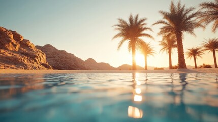 Serene Sunset at a Tropical Oasis with Palm Trees and Crystal-Clear Waters Reflecting the Golden Glow of Dusk on a Peaceful Beach Setting
