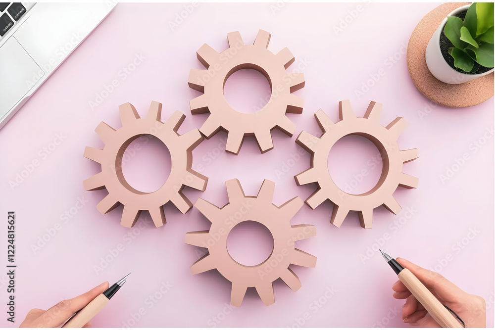 Aufkleber four interlocking gears symbolize collaboration and teamwork on a pink background with pens and lapt