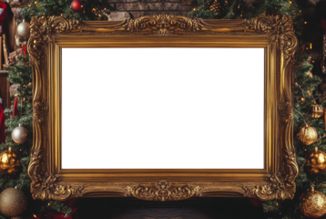 Santa Claus holding white frame in his hands . Christmas, holiday, festive themes, background with copy space. blank framed board ready for your message or artwork