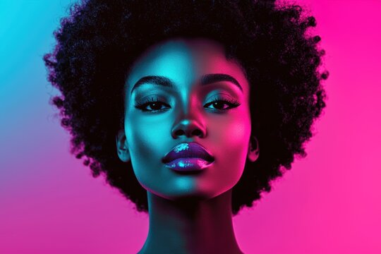Portrait of a Young Woman with Afro Hair Illuminated by Neon Lights