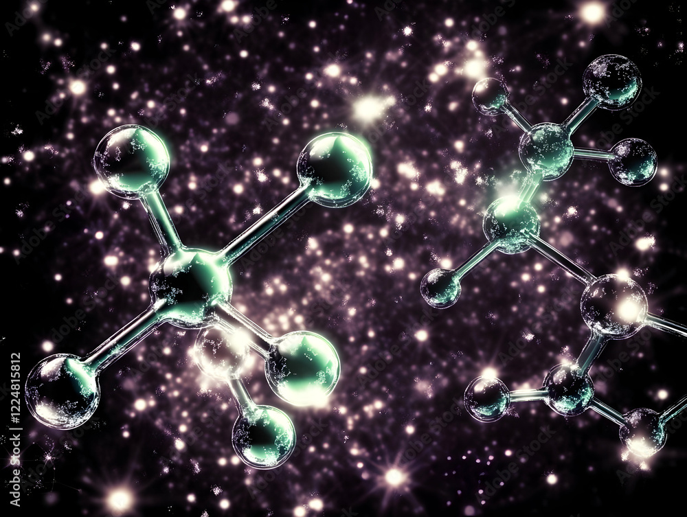 Poster glass molecular structures form complex bonds in a sparkling nebula background