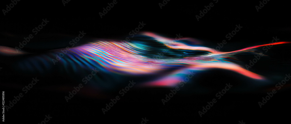 Poster Light reflections create wavy patterns on water's surface with a dark backdrop