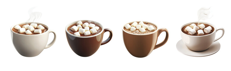A 3D cup of hot chocolate icon with steam rising, topped with marshmallows, and a transparent background.