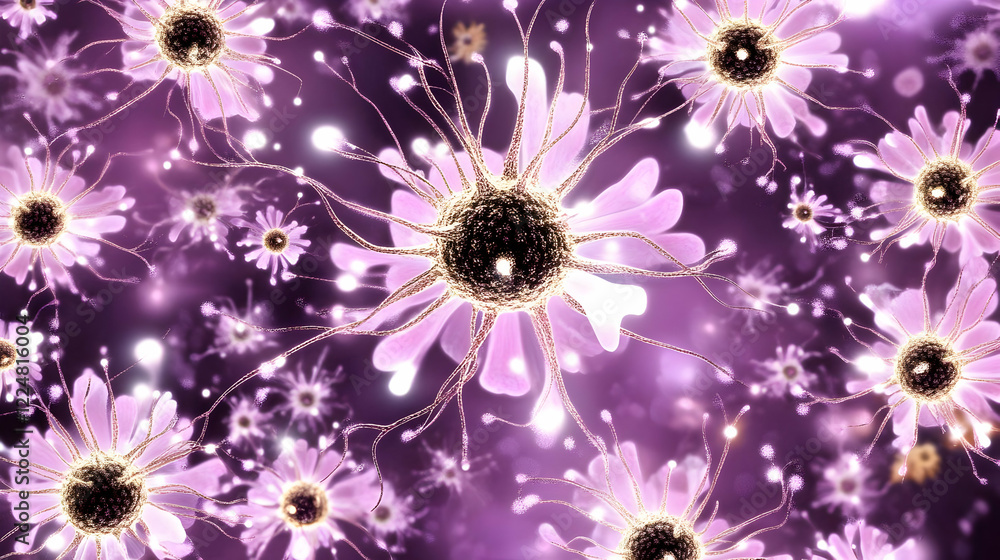 Poster microscopic organisms thrive and interact dynamically in a purple environment with delicate filament
