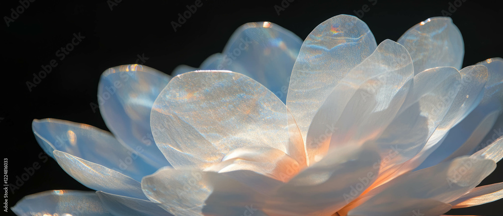 Poster Light reflecting on delicate petals creates a soft and enchanting atmosphere against a dark backdrop