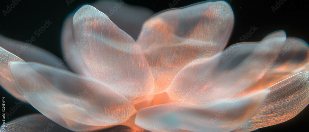 Poster light trails swirl around empty center mimicking flower petals against dark background