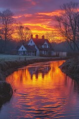 Fototapeta premium Sunrise paints fiery river reflecting house.
