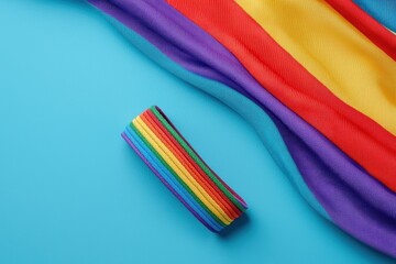 Rainbow Fabric and Ribbon on Blue Background A Vibrant Celebration of Pride