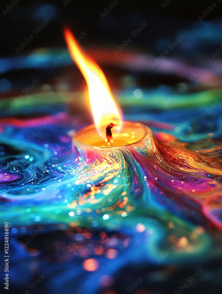 Poster glowing candle flame over vibrant multicolored wax with sparkles creating a magical scene