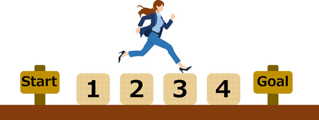 目標達成へのロードマップのイラスト(ビジネスウーマン)	
