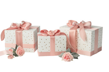 Charming gift boxes adorned with delicate pink ribbons and roses on a soft background, perfect for celebrations and special occasions isolated on transparent background