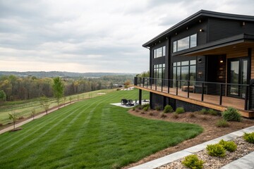 Obraz premium Modern Black House Panoramic Windows Green Grass Tilt-Shift Photo