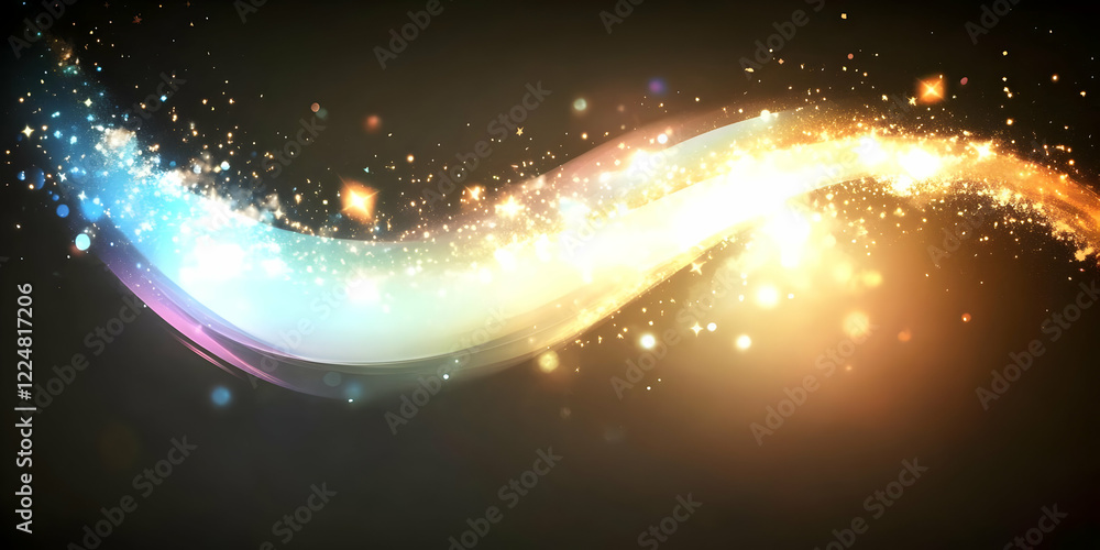Poster abstract background with glowing wave and sparkling particles on dark background creates magical atm