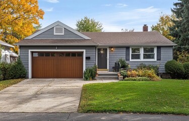a gray house with white trim, a brown wooden garage door, and a brown roofline