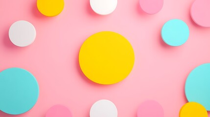 Colorful Circular Paper Shapes on a Soft Pink Background Creating a Playful and Vibrant Visual Composition