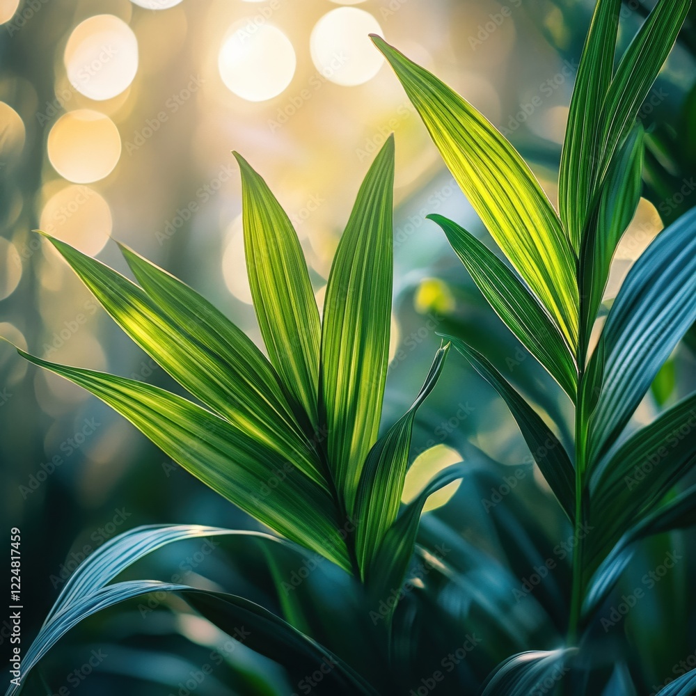 Poster sunlit green palm leaves with bokeh background creating a serene and natural atmosphere