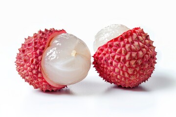 Vibrant lychee fruit showcasing its unique texture and juicy flesh against a stark white background in well-lit conditions isolated on transparent background