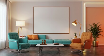 Modern living room with blank frame and vibrant accent chairs in stylish interior