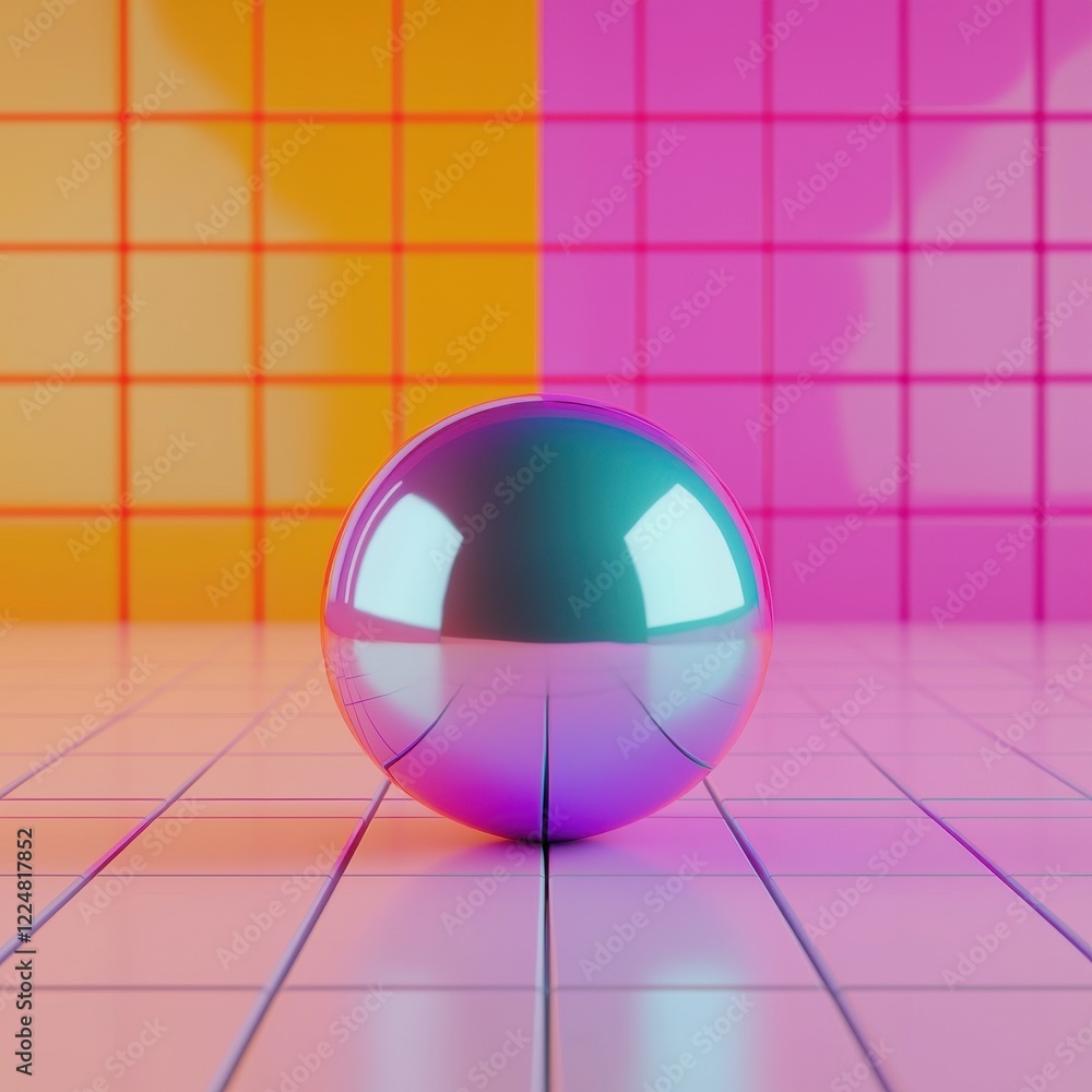 Poster reflective sphere on colorful grid background