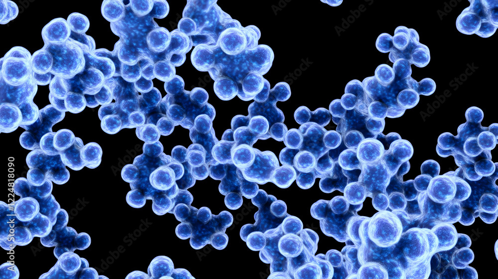 Poster 3d illustration of blue abstract molecular structure forms complex patterns on a black background.