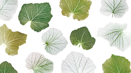 Fototapeta premium Intricate leaf vein patterns create an organic backdrop with textured details in various shades of green on a white background