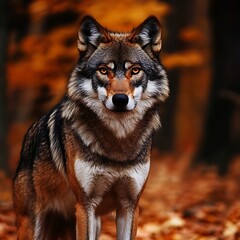 Obraz premium Lone wolf stalking through vibrant autumn forest under glowing golden sky with dramatic colorful light