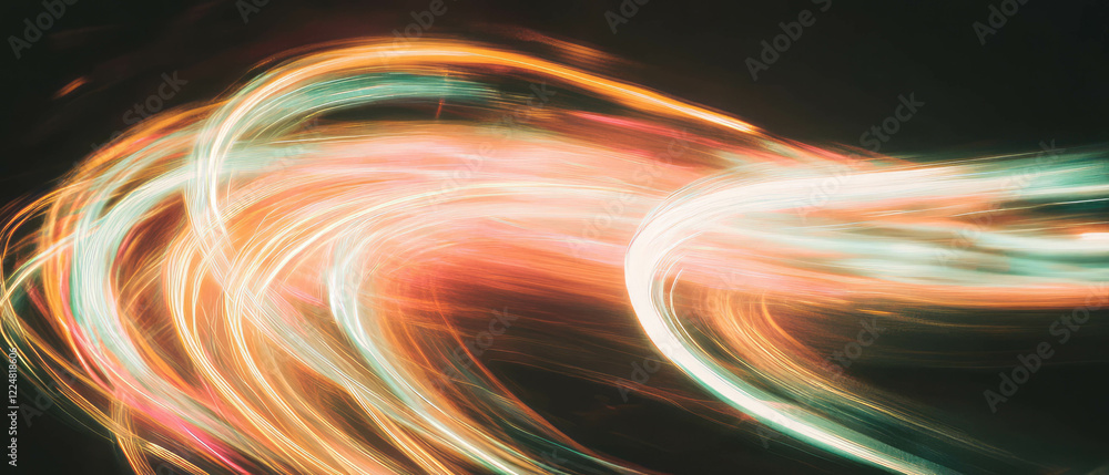 Poster Dynamic motion blur of light trails resembling lightning on a dark background