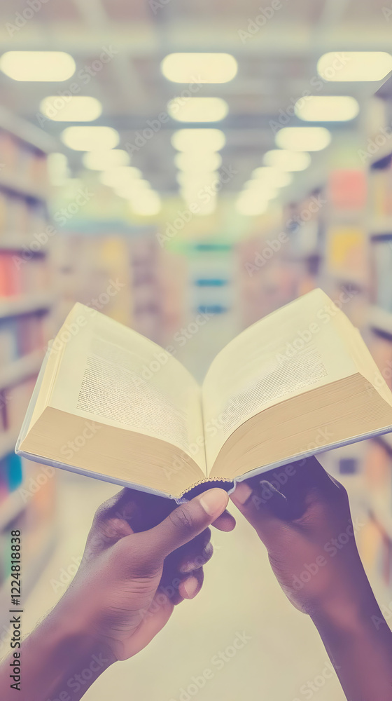 Poster hands holding an open book in a blurred library background gently and calmly