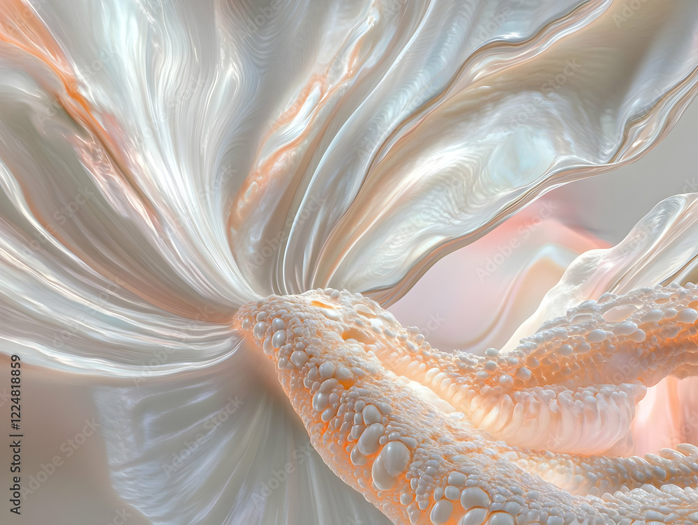 Poster abstract 3d render of flowing iridescent fabric with bubbly texture creating a surreal and dreamy sc