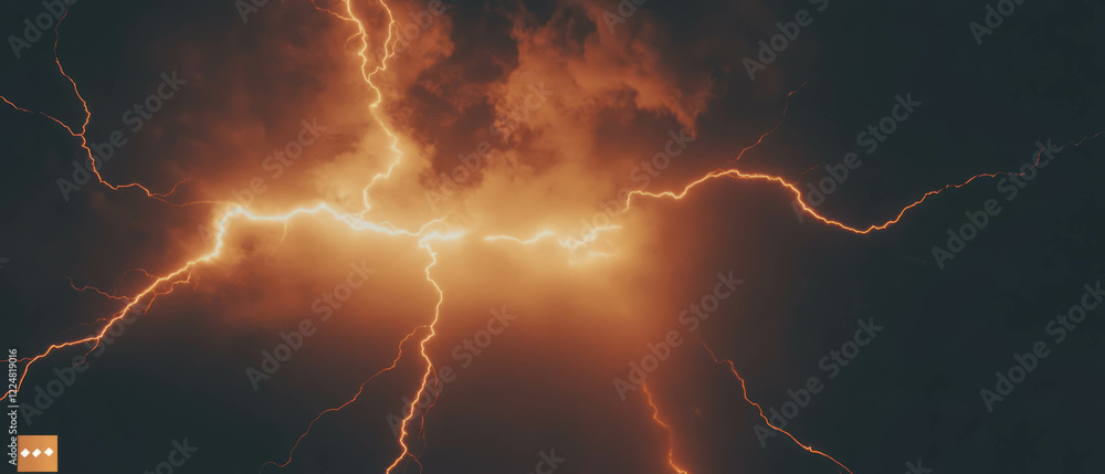 Poster powerful lightning strikes illuminating a dark sky with intense energy and vivid textures